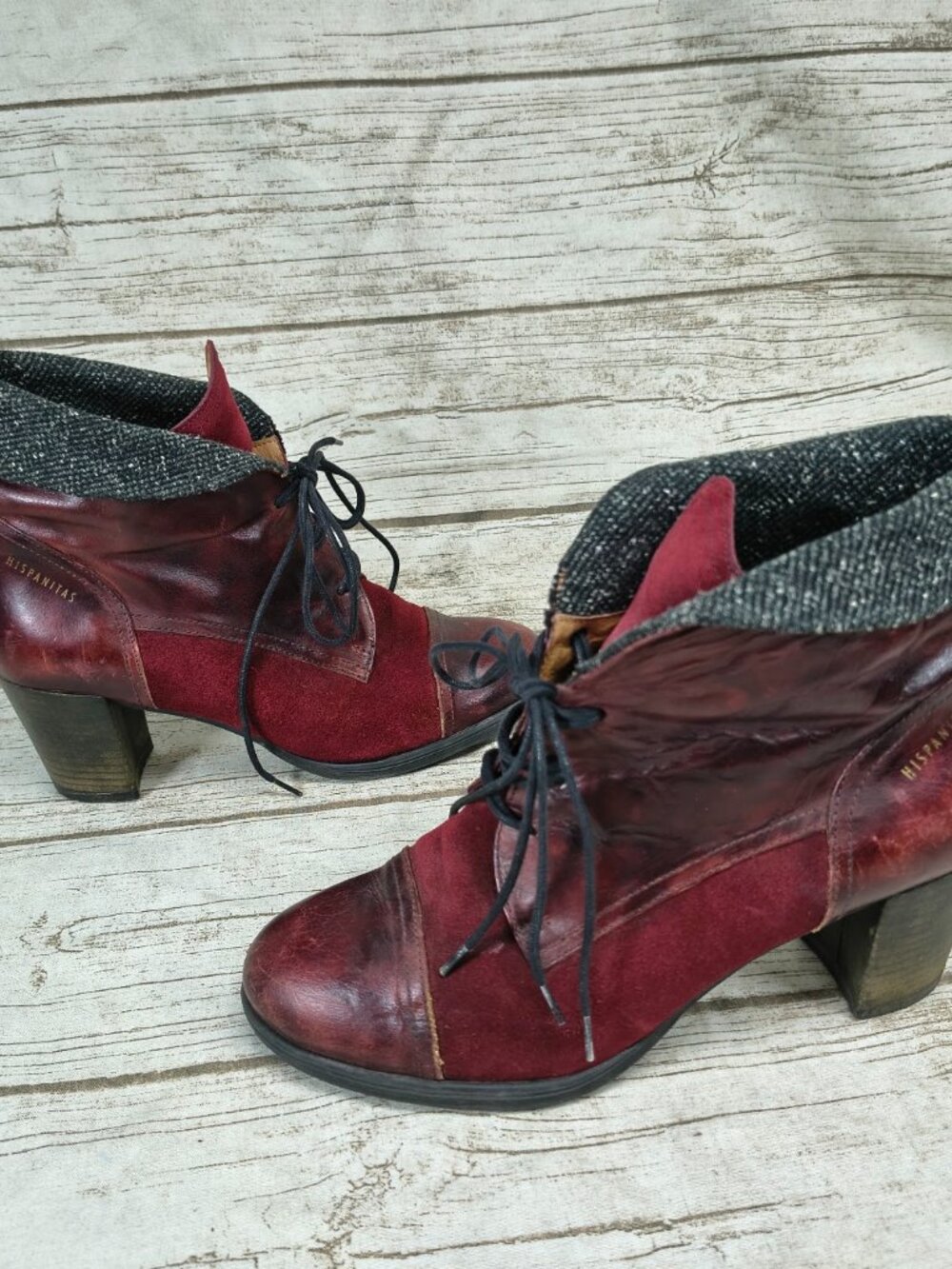 Hispanitas Burgundy Leather Suede Lace Up Ankle Boots Cuffed Tweed Collar EU 39